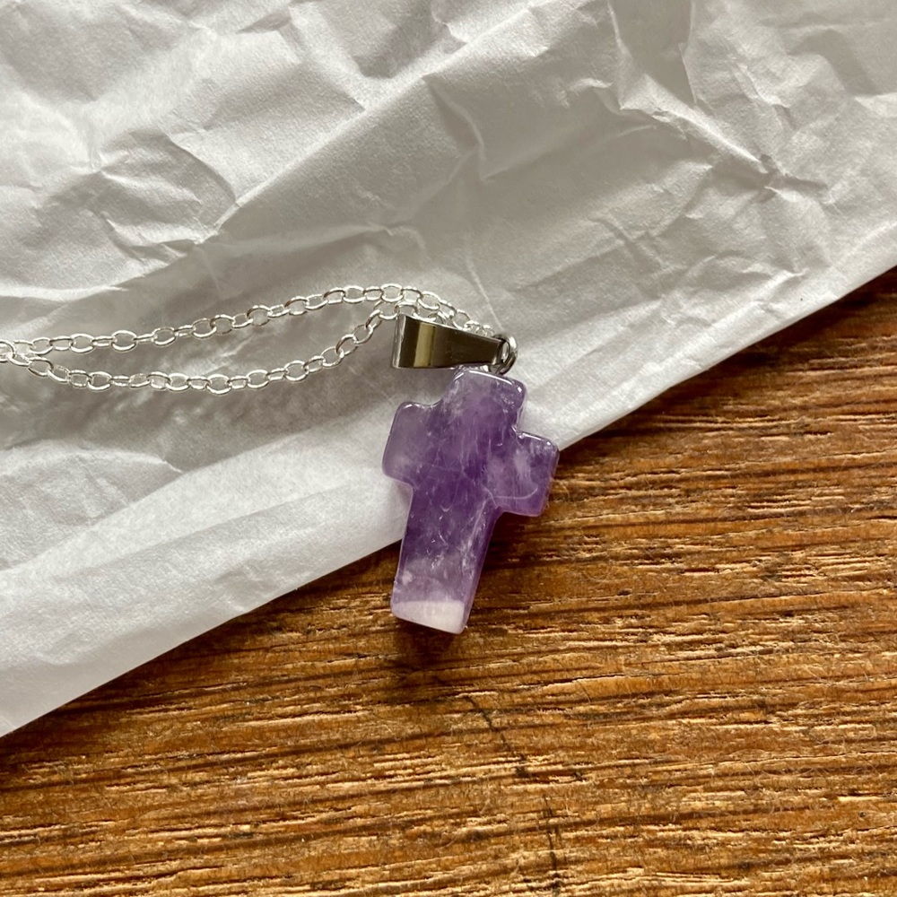 Purple amethyst stone cross necklace NWOT